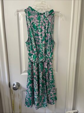 Sleeveless Floral A-Line Dress in Green and Pink